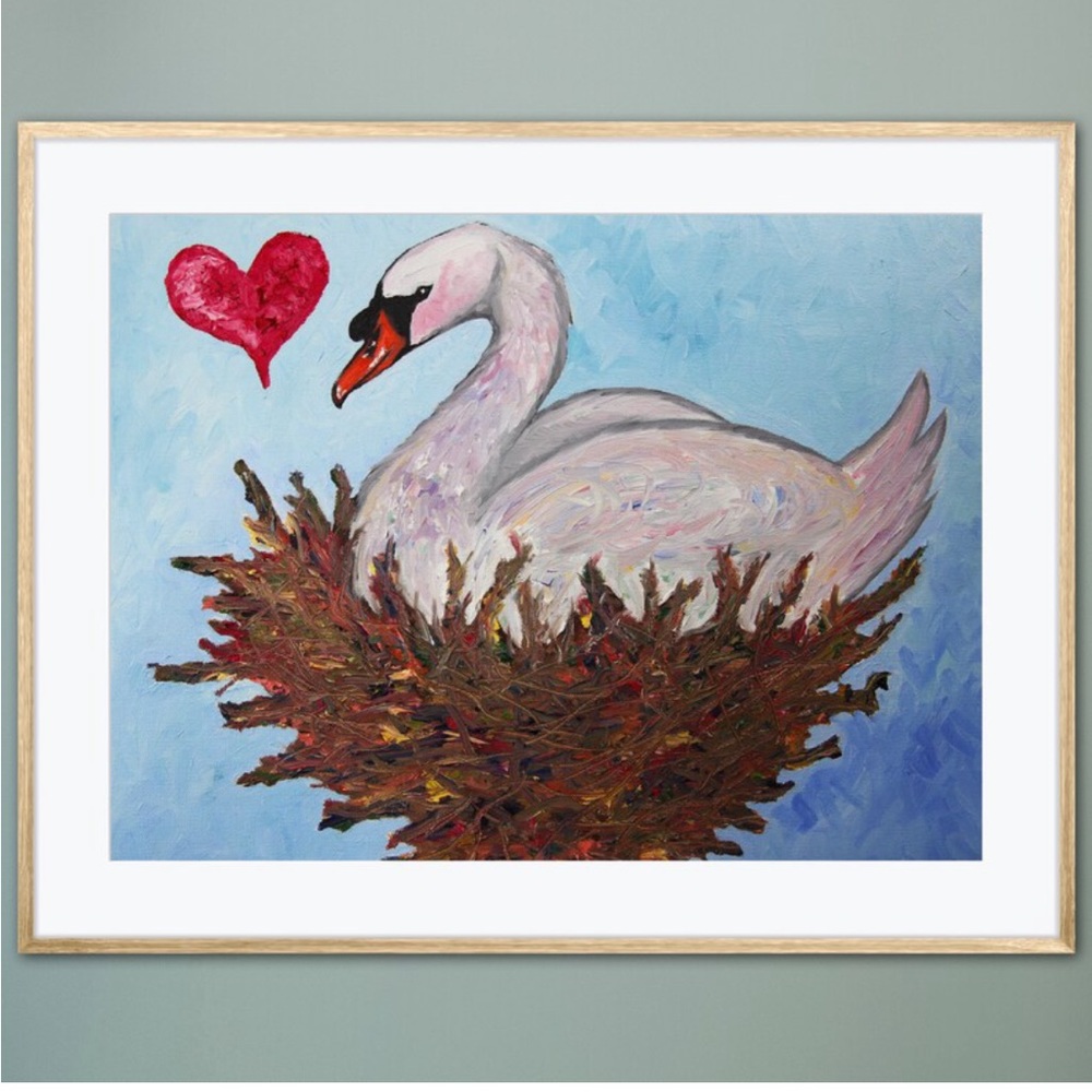 Swan’s Love & Devotion Art Print Reproduction Oil Painting Bird Nest Whimsical